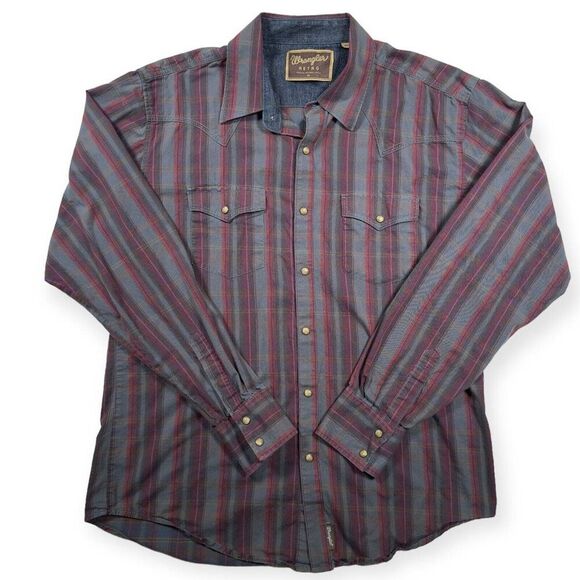 Vintage Wrangler Retro Men's XL Maroon Striped Pearl Snap Button Down Shirt - Picture 1 of 6